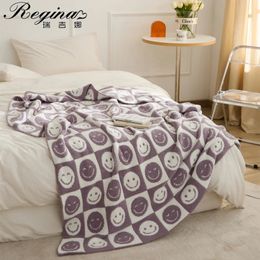 REGINA Brand Downy Fluffy Knitted Blanket Checkboard Smile Face Design Match Violet Pink Grey Spring Warm Quilt Plaid Blankets 240325