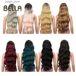 Synthetic Wigs Bella 28 Inch Deep Wave Hair Synthetic Wigs Heat Resistant T-Part Lace Cosplay Wigs Lolita Ombre Blonde Lace Wigs for Women Y240401
