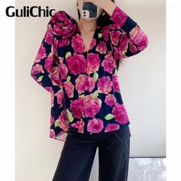 Women's Blouses 6.5 GuliChic Women Temperament V-Neck Hidden Breasted 3D Rose Flower Print Comfortable Shirt / Blouse
