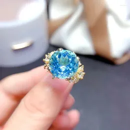 Cluster Rings In Simulation Blue Topaz Ring Women's Fashion Plated 18k Yellow Gold Inlaid Sky Sapphire Open Color Treasure Female