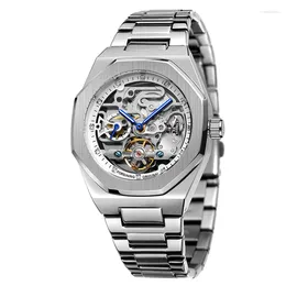 Wristwatches Octagonal Dial Silver Precision Steel Strap Blue Pointer Mechanical Self Movement Men's Watch