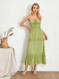 Casual Dresses Women Sleeveless Backless Ruffle Maxi Dress Spaghetti Strap Low Cut Tiered Long Sexy Solid Tie Up Sling