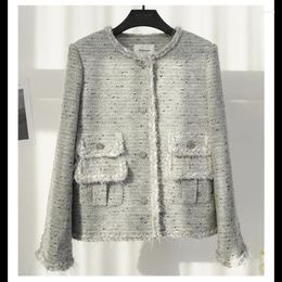 Women's Jackets French Small Fragrance Wool Coat Female High Quality Grey Long Sleeve O Neck Casual Chic Fashion Fringed Lace Women Tweed