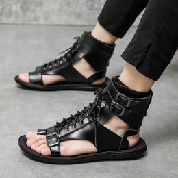 Summer Men Gladiators Lace Up Buckle Leather Casual Shoes Breathable Beach Sandals Outdoor Slippers Black White Plus Size 240321