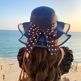 Berets Vintage Classic Fashion Wavy Brim Polka Dot Bow Big Birm Sunscreen Sombrero Cowboy Beach Cap Travel Panama Straw Hat For Women