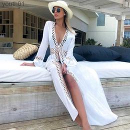 Basic Casual Dresses Women Swimsuit Crochet Beach Cover Up dress Sleeve Kaftan Tunic Long Pareos Bikinis ups Summer Robe Plage Beachwear yq240402