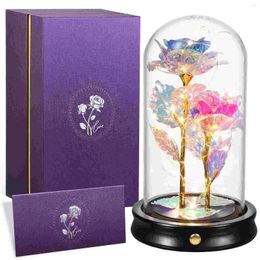 Decorative Flowers ETEREAUTY Double Foil Roses In Glass Dome Forever With 20 LED Lights Luxury Gift Box For Valentine's Day Mother's