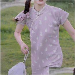 Ethnic Clothing Summer Light Purple Print Modern Qipao Long Womens Fl-Front Opening Chinese Authentic National Style Cheongsam Drop De Otrhy
