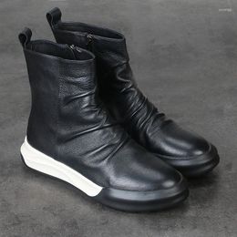 Casual Shoes Men's Autumn And Winter Leather Leisure Trend High Top Board Cover Foot Everything Thick Bottoming Medium Cylinder