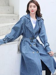 Women's Trench Coats Mid Length Belt Double Breasted Denim Coat For High-end Suit Collar Windbreaker In Jacket