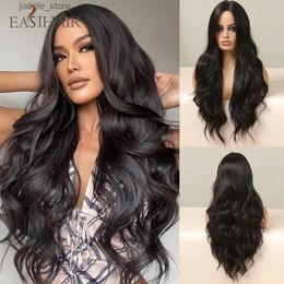 Synthetic Wigs Dark Brown Black Long Body Wave Synthetic Wig for Women Middle Part Natural Fake Hair for Daily Cosplay Party Heat Resistant Wig Y240401