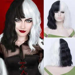 Synthetic Wigs MSIWIGS Womens Black and White Wig Short Curly Synthetic Cosplay False Anime Wigs Ombre Two Tone Colours Y240401