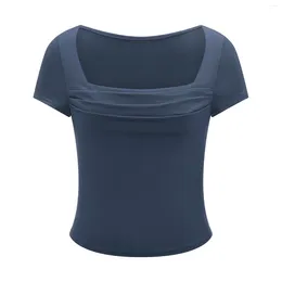 Women's T Shirts 2024 Summer Ruched Cropped Tops Solid Colour Short Sleeve Square Neck Slim Show Navel T-Shirt
