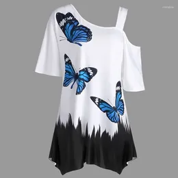 Women's T Shirts Summer T-Shirts Women Butterfly Printed Tee One Shoulder Irregular Top Female Loose Streetwear