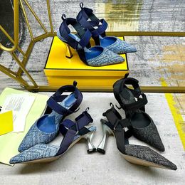 Sandals designer women's distressed blue denim high heeled leather pointed multi-color technology mesh transparent 6CM.9CM hollow suspender party shoes