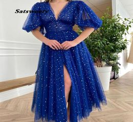 Cobalt Blue VNeck Prom Dresses Mid Puff Sleeves Starry Tulle Split Prom Gowns Buttoned TeaLength ALine Formal Gowns7999907