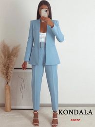 KONDALA Office Lady Light Blue Blazer Suits Women 2 Pieces V Neck Loose JacketsHigh Waist Sashes Pants Fashion Autumn Sets 240320