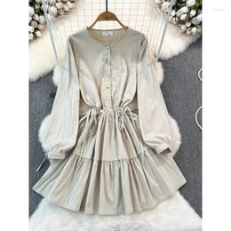 Casual Dresses Korean Style Women's Dress Spring Autumn Solid Color Chic O-Neck Drawstring Lace-Up A-Line Short Office Lady