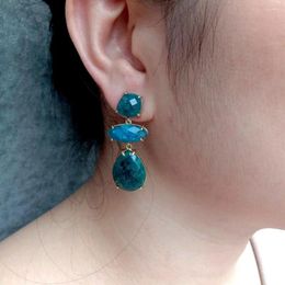 Dangle Earrings YYGEM 10x18mm Natural Blue Gemstone Apatite Gold Plated Stones Stud