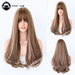 Wigs Honey Brown Ombre Long Wave Wig Women Wig with Bangs Daily Cosplay Party Lolita Heat Resistant Synthetic Wigs Natural Fake Hair