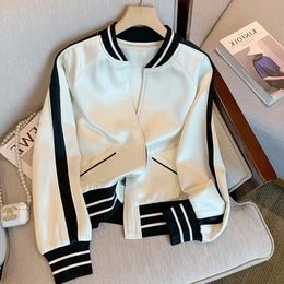 Women Fashion Solid Satin Basketball Jackets Coat with Pockets VNeck Long Sleeves Zipper Female Chic Lady Outerwear 240320