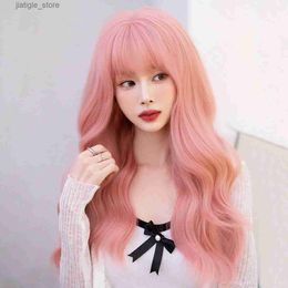 Synthetic Wigs 7JHH WIGS Long Wavy Pink Wig for Women Daily Party Natural Looking Synthetic Hair Wigs with Fluffy Bangs High Quality 24 Inch Y240401