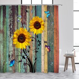 Shower Curtains Sunflower Curtain Natural Floral Butterfly Rustic Vintage Shabby Wood Board Flower Print Fabric Bathroom Decor With Hooks