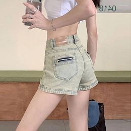 Women's Jeans Yellow Mud Denim Shorts Female American High-waisted Ins Style Girl Straight Pocket Design Zipper Stretch A-line Pants