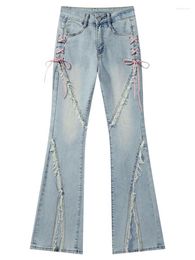 Women's Jeans Bandage Patchwork For Women American Streetwear Burrs Design Slit Denim Flare Pants Spring 2024 Fashion Trouser XX26