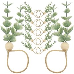 Table Cloth 12 Pcs Boho Artificial Eucalyptus Leaf Wooden Beads Dining Room Decor Rope Napkin Ring Home Supply For Reusable Buckle
