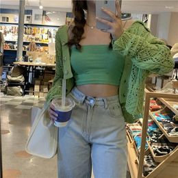 Women's Knits Hollow Out Knitted Cardigan 2 Piece Set Women Spring Autumn Cropped Camisole Short Tops Green Long Sleeve Camis Ribbed Suit