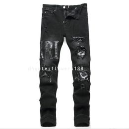 AM Men's Jeans New Fashion Black Jeans Ripped Letter Embroidered Stretch Mid-Rise Small Feet Men's Jeans Capris Jeans For Women Cargo Designer Miri Jeans For Women