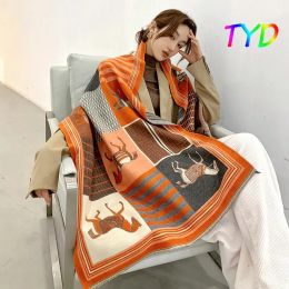 Durag Bandanas Fashion Luxury Winter Cashmere Scarf Women Design Warm Pashmina Blanket Horse Scarves Female Shawl Wraps Thick Foulard Bu