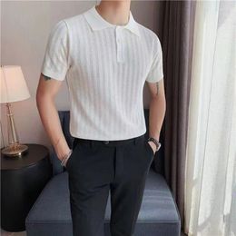 Men's Polos Ice Silk Cotton T Shirt Slim Korean Style Tops Knitted Polo-neck Breathable Thin Short Sleeve Tee Solid Colour Knitting