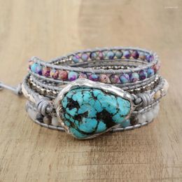 Charm Bracelets Boho Turquoise Imperial Jasper Beaded Bracelet 5 Strands Stone Leather Wrapped For Men Birthday Gifts
