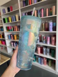 ZK20 New 2024 Starbucks Studded Tumblers 710ML Plastic Coffee Mug Bright Diamond Starry Straw Cup Durian Fish scale Cups Gift Product