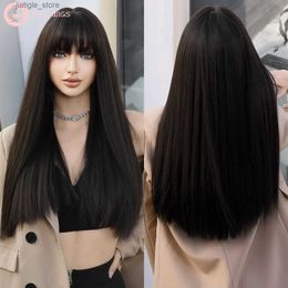 Synthetic Wigs Natural Black Synthetic Hair Wigs with Bangs Dark Brown Long Straight Womens Wig Heat Resistant Synthetic No Lace Wigs 24 Inch Y240401