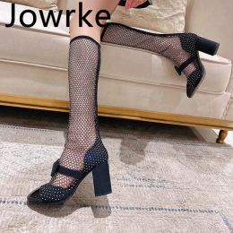 Boots Sexy Rhinestone Mesh Designer Kneehigh Boots For Women Bowknot High Heel Shoes Black White Mix Color Short Botas De Las Mujer