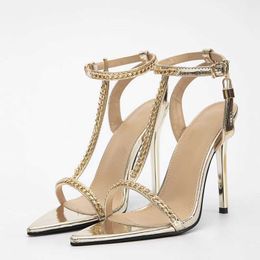 Dress Shoes 2024 New Design Gold Metal Chain Sandals Women Sexy Toe Stripper Heels Ladies Party Dress Shoes Sandalias H2404017NW0