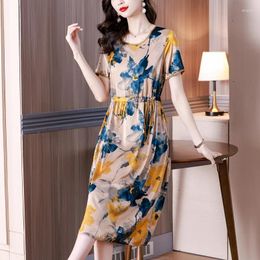 Party Dresses 2024 High Quality Floral Natural Silk Satin Midi Dress Women Korean Vintage Casual Summer Elegant Loose Waist