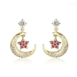 Dangle Earrings LADYCHIC 2024 Arrival Moon & Star Red Crystal Drop Gold Silver Colour Shiny Jewellery For Women Gift LE1402