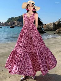 Casual Dresses 2024 Summer Holiday Beach Long Dress For Women's Sexy Deep V-Neck Sleeveless Floral Print Boho Slim Waist Party Vestidos