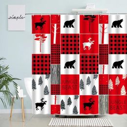 Shower Curtains Christmas Year Theme Curtain Elk Bear Xmas Tree Red Black White Plaid Home Bathroom Decor With Hook Waterproof Screen