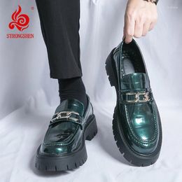 Casual Shoes STRONGSHEN Men Handmade Leather Platform Loafers Slip-on High Quality Thick Bottom Green Oxford Wedding