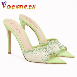 Slippers Summer Mesh Yarn Sexy 8.5CM Pointed Toe Sandals Bling Rhinestone Slip-on Elegant Women Shoes Evening Party High Heels