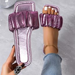 Slippers Summer Women Purple Pleated Indoor Outdoor Flip Flops Flats 2024 Korean For Sandals Shoes Designer