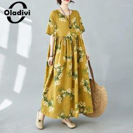 Party Dresses L-8XL Large Size Fashion Floral Print Women Cotton Linen Dress 2024 Summer Casaual Loose Oversized 7XL 1038