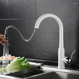 Kitchen Faucets Solid Brass Single Handle Pull Down Sprayer Faucet Out White