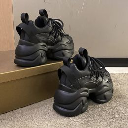 Shoes Black Women Chunky Leather Sneakers High Platform Ulzzang Sports Shoes New 2023 Spring Thick Bottom Women's Wedge Casual Shoes