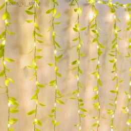 LED Strings Simulation Willow Leaf Rattan Light Christmas Bedroom Garden Home Decoration USB Copper Wire Waterfall String YQ240401